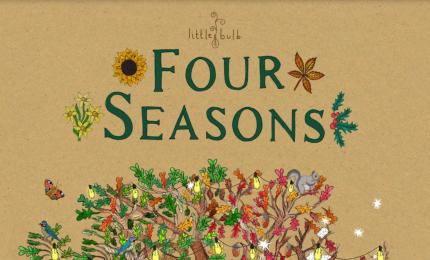 Four seasons written in green with floral designs